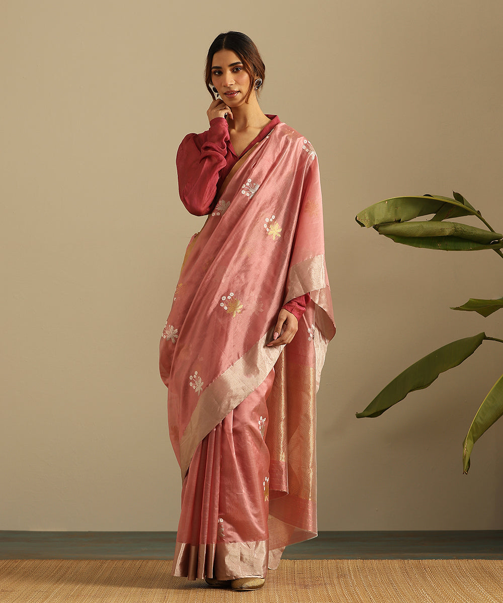 Rose_Pink_Handloom_Pure_Silk_Chanderi_Saree_With_Grey_Flowers_And_Gold_And_Silver_Zari_Border_WeaverStory_02