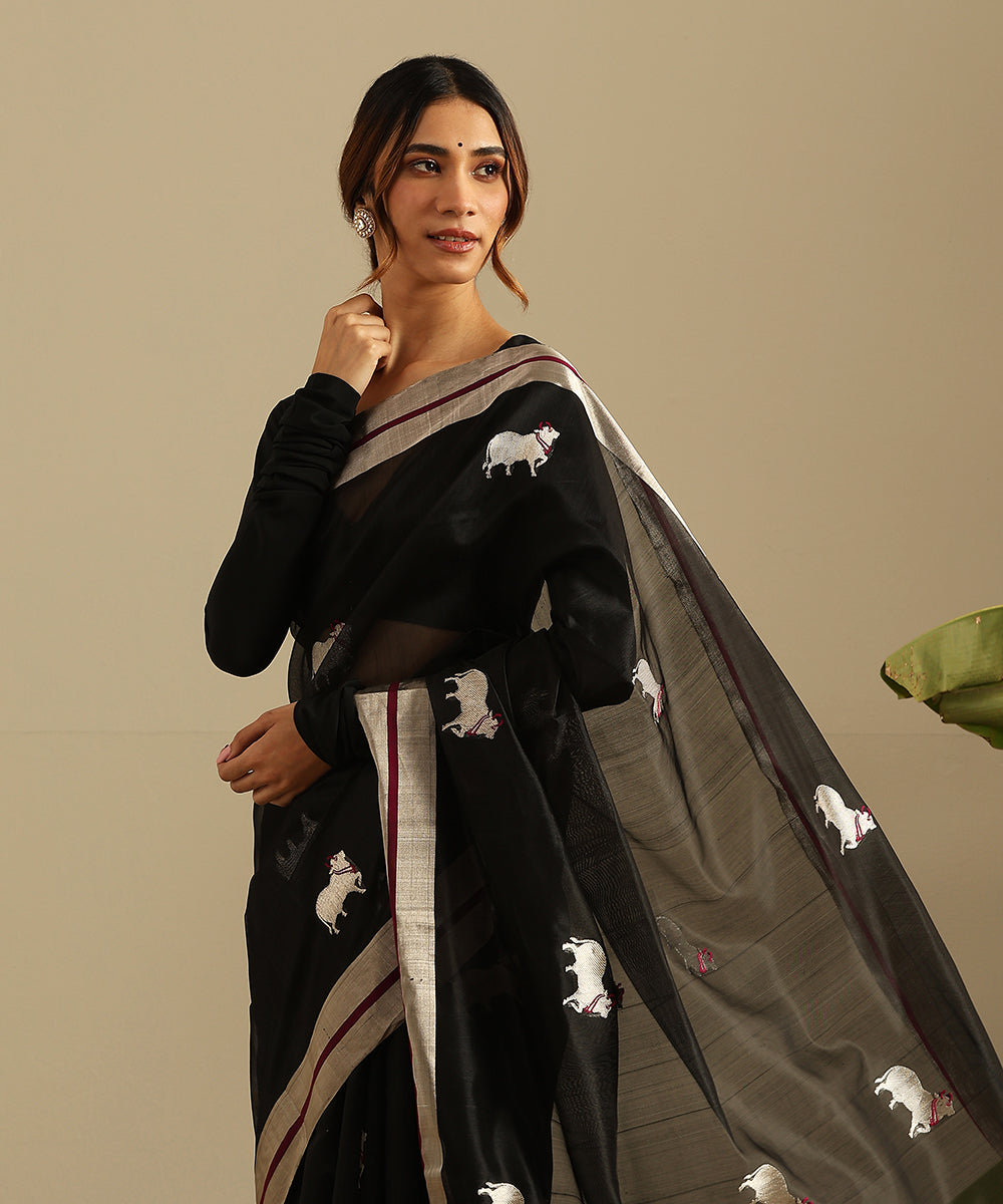 Black_Handloom_Pure_Silk_Chanderi_Saree_With_Cow_Motifs_WeaverStory_01