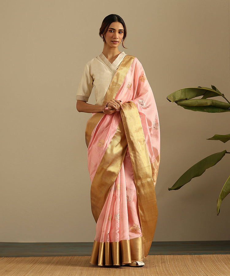 Pastel Pink - Handloom Zari Work Chanderi Silk Saree 16