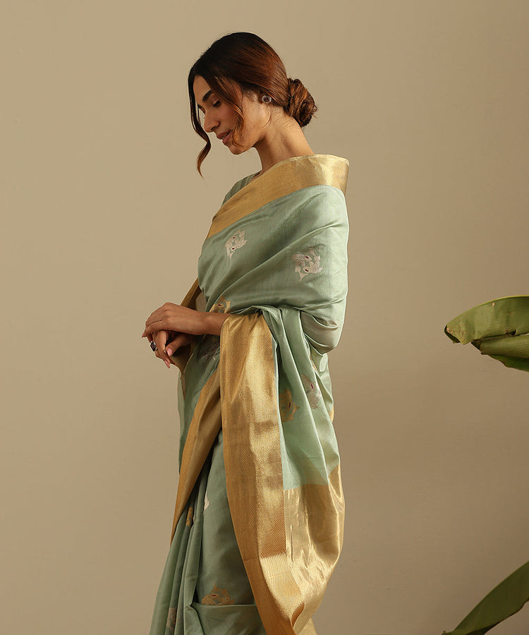 Powder Blue Chanderi Silk Woven Saree With Zari Embroidery