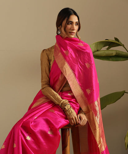 Handloom_Pink_Pure_Silk_Chanderi_Saree_With_Floral_Motif_And_Gold_Zari_Border_WeaverStory_01