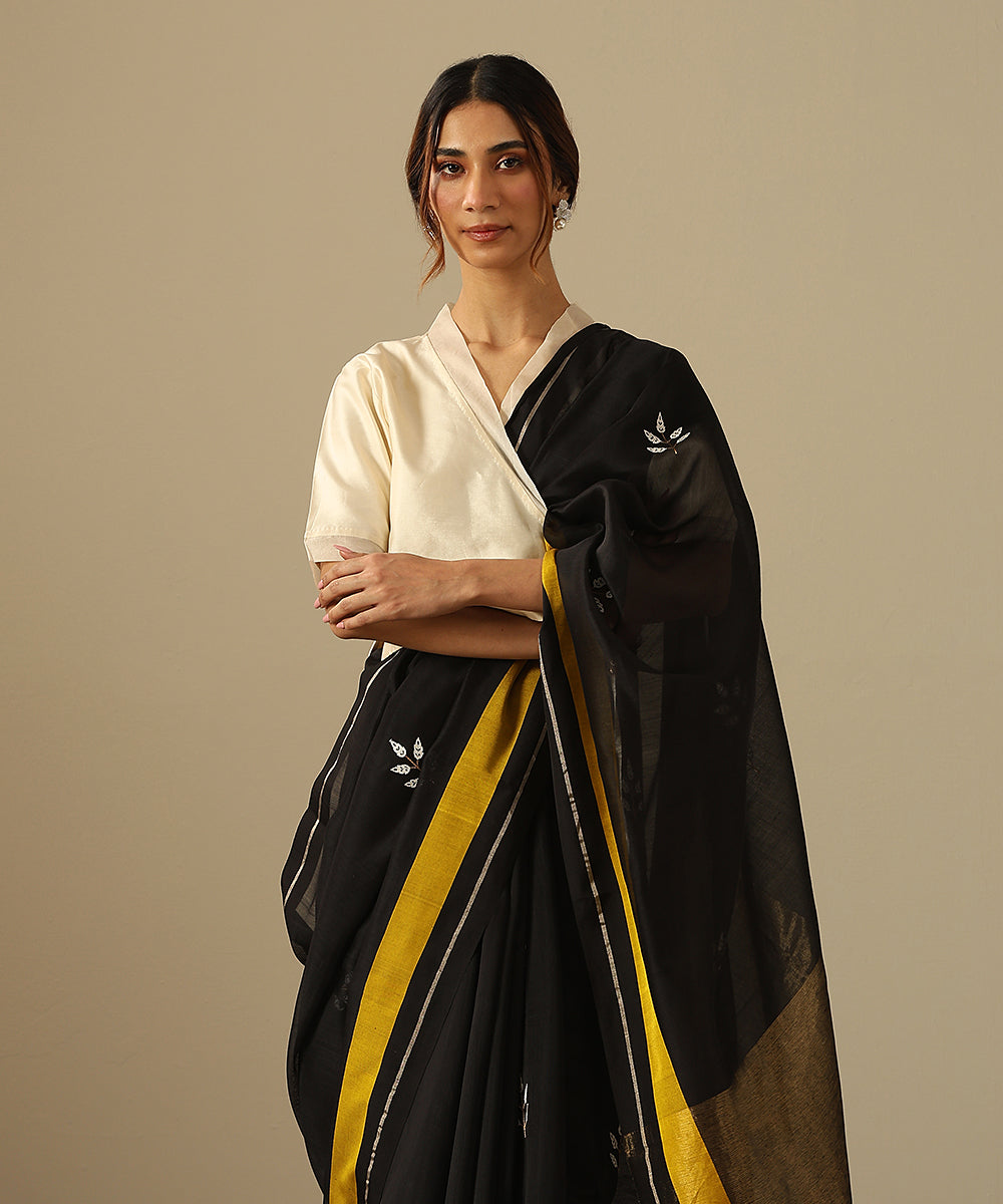 Black_Handloom_Cotton_Silk_Chanderi_Saree_With_Leaf_Motifs_And_Yellow_Mashroo_Border_WeaverStory_01