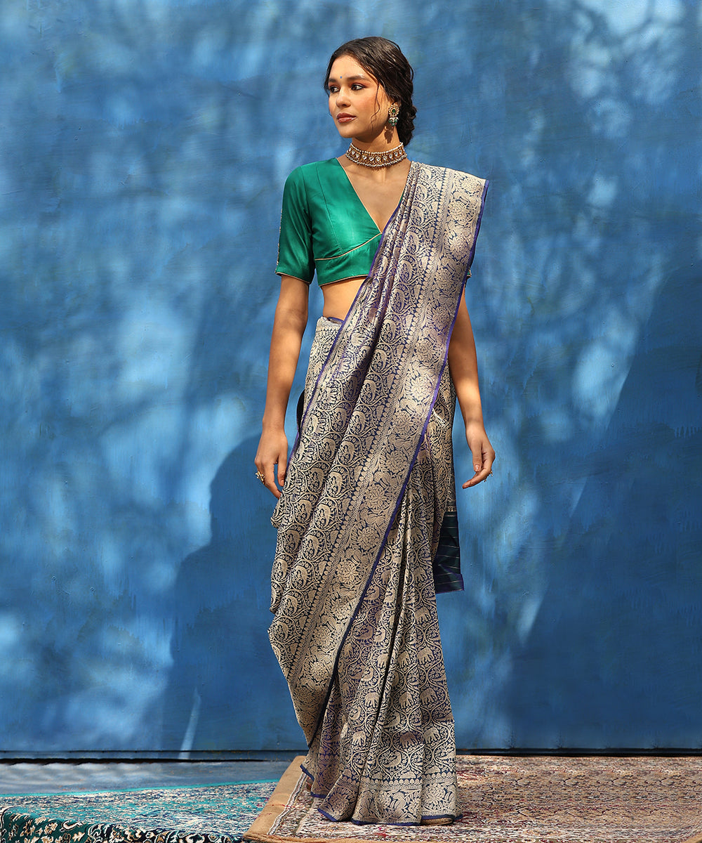 Handloom_Blue_Pure_Katan_Silk_Kimkhab_Shikargah_Saree_With_Elephants_And_Parrot_Motifs_WeaverStory_01