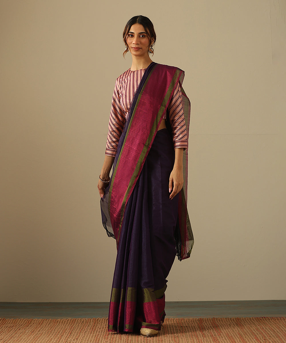 Purple_Handloom_Pure_Chanderi_Tissue_Saree_With_Magenta_And_Green_Tissue_Border_WeaverStory_02