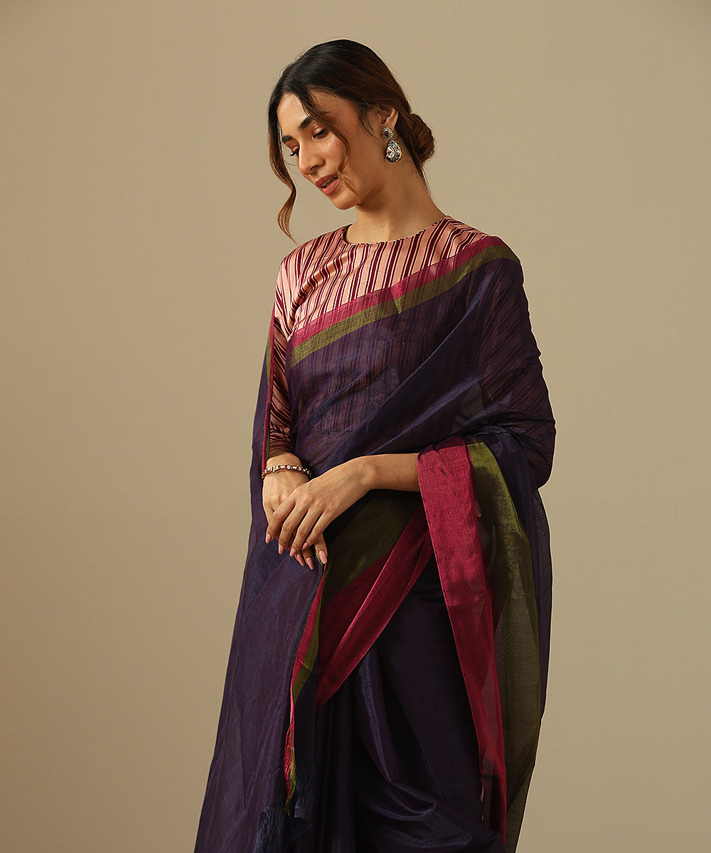 Handloom_Purple_Pure_Chanderi_Tissue_Handloom_Saree_With_Magenta_And_Green_Border_WeaverStory_01