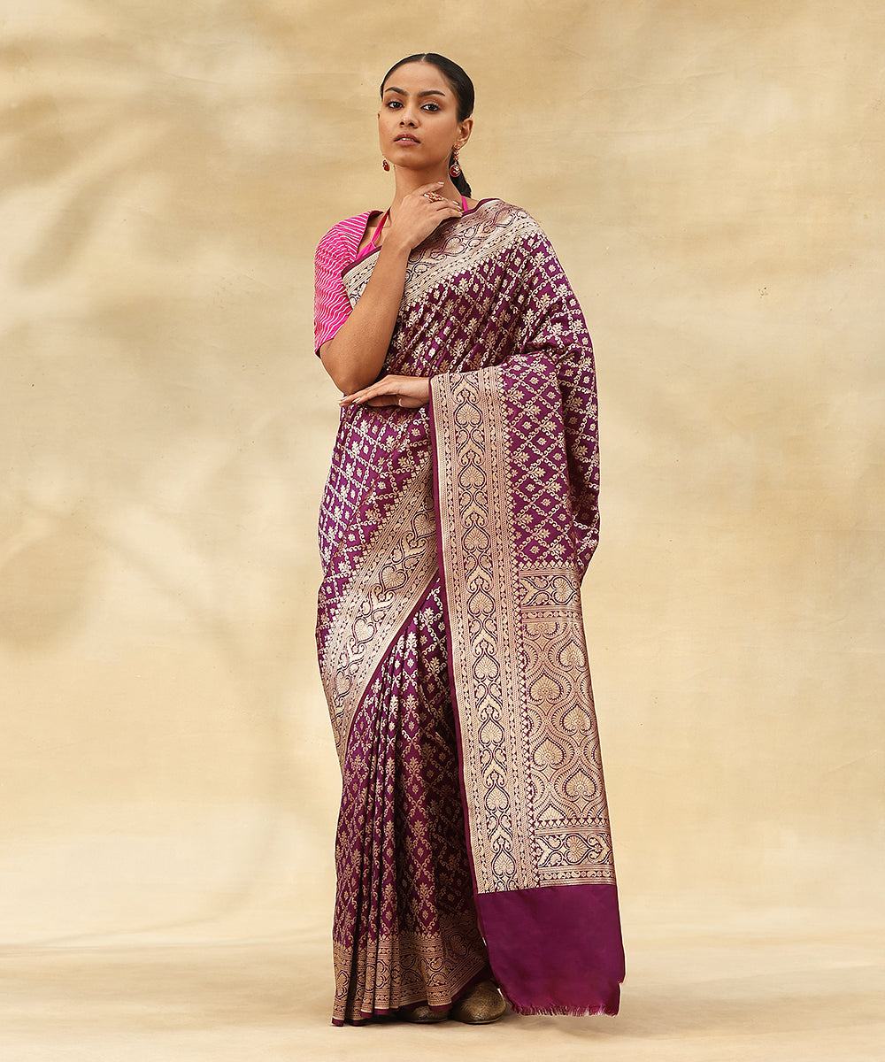 Handloom_Purple_Pure_Katan_Silk_Banarasi_Saree_With_All_Over_Zari_Jaal_And_Zari_Border_WeaverStory_02