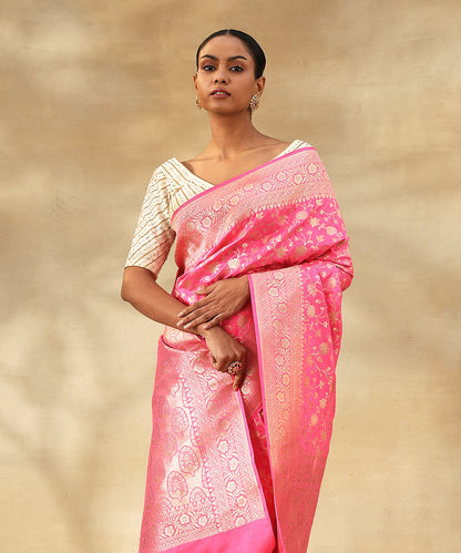 Handloom_Candy_Pink_Pure_Katan_Silk_Banarasi_Saree_With_Zari_Jaal_And_Flowers_WeaverStory_01