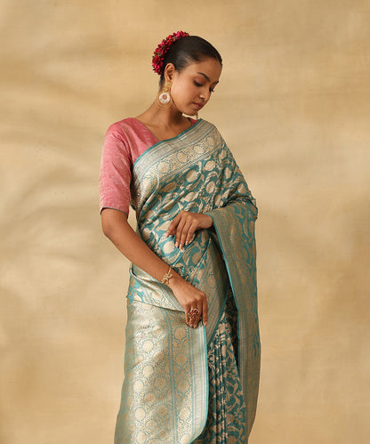 Handloom_Ocean_Blue_Pure_Katan_Silk_Banarasi_Saree_With_Zari_Jaal_And_Flowers_WeaverStory_01