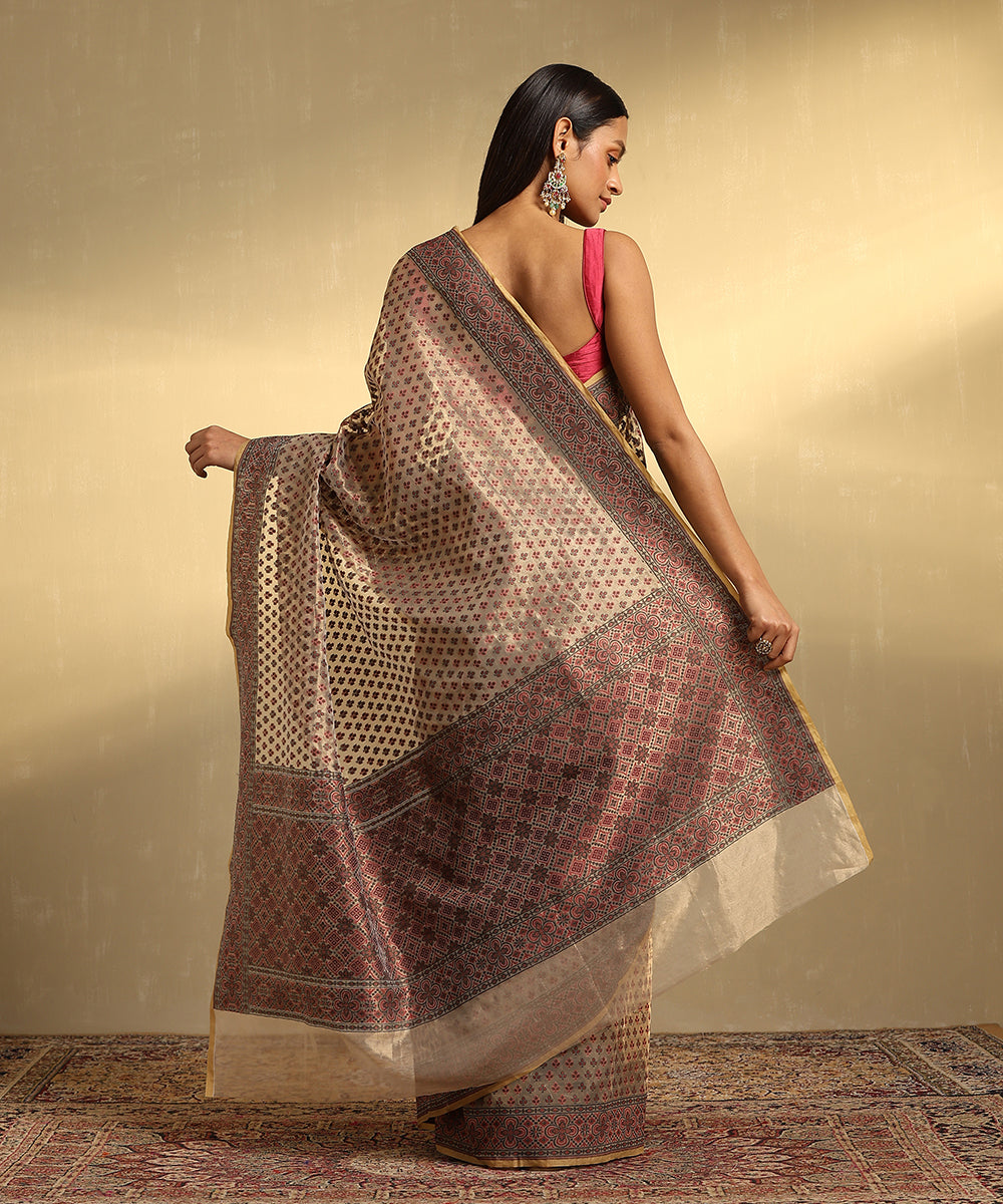 Handloom_Beige_Pure_Tissue_Kora_Banarasi_Saree_With_Red_And_Black_Motifs_WeaverStory_03