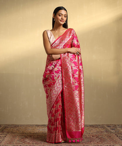 Pink_Handloom_Pure_Katan_Silk_Banarasi_Saree_With_Floral_Meenakari_And_Gold_Zari_Jaal_WeaverStory_01