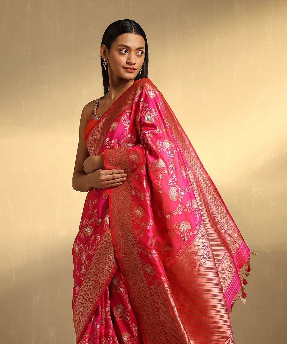 Pink_Handloom_Pure_Katan_Silk_Banarasi_Saree_With_Floral_Jaal_In_Gold_And_Silver_Zari_WeaverStory_02