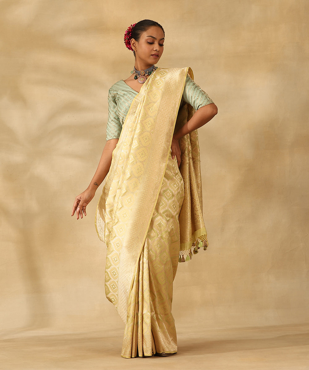 Lime_Green_Handloom_Pure_Katan_Silk_Banarasi_Saree_With_Silver_Zari_Cutwork_Jaal_WeaverStory_02