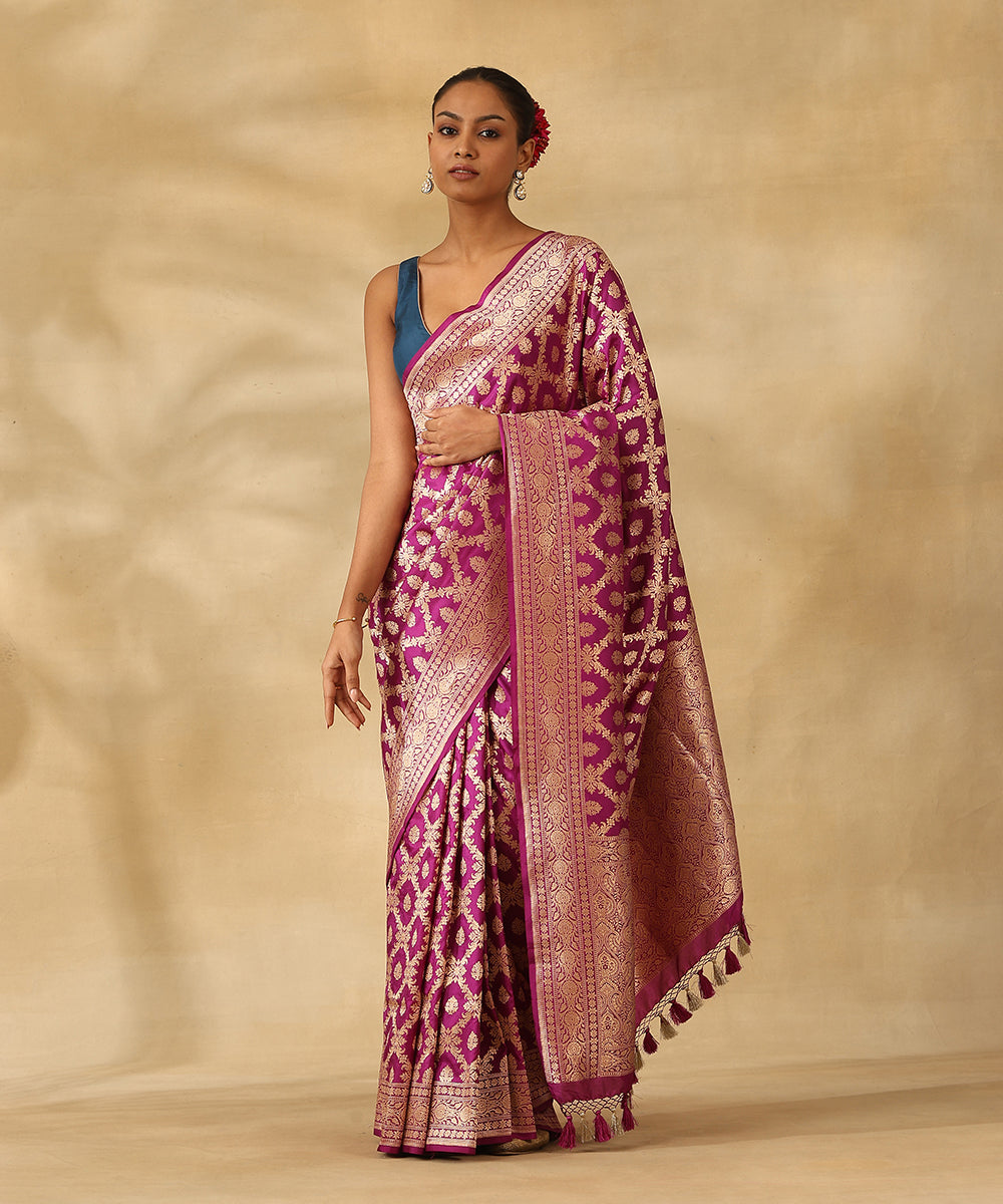 Handloom_Purple_Pure_Katan_Silk_Banarasi_Saree_With_Champagne_Gold_Zari_Cutwork_Floral_Jaal_WeaverStory_01