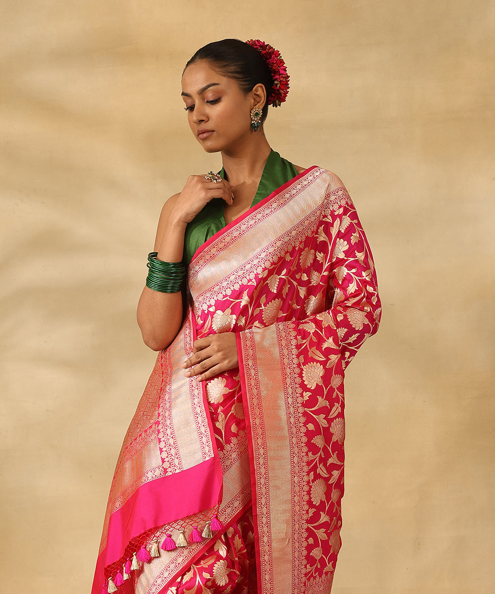 Handloom_Hot_Pink_Pure_Katan_Silk_Banarasi_Saree_With_Champagne_Gold_Zari_Cutwork_Floral_Jaal_WeaverStory_01