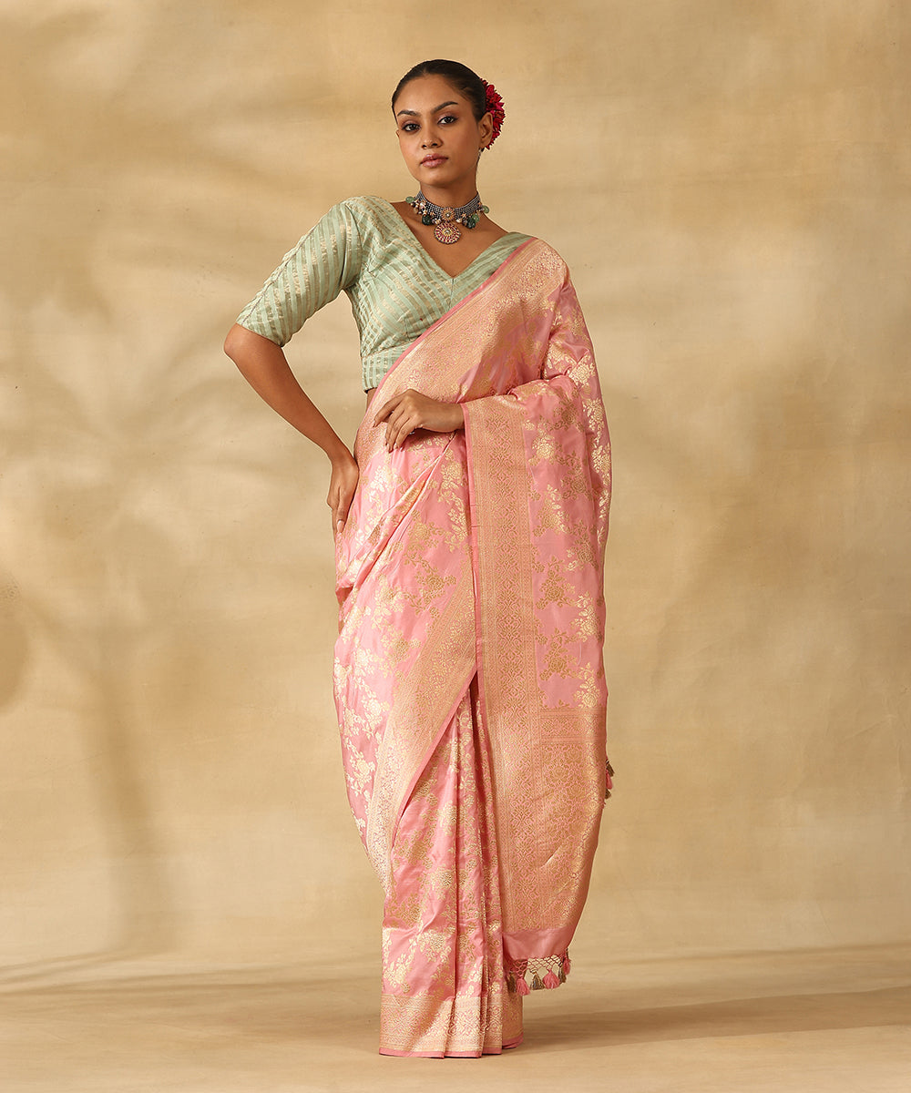 Handloom_Baby_Pink_Pure_Katan_Silk_Banarasi_Saree_With_Champagne_Gold_Zari_Cutwork_Floral_Jaal_WeaverStory_01