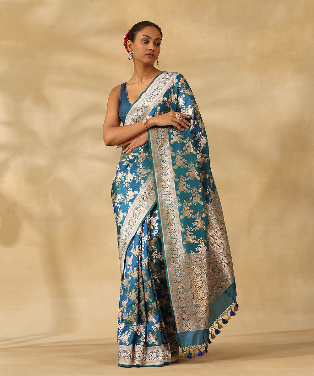Peacock_Blue_Handloom_Pure_Katan_Silk_Banarasi_Saree_With_Champagne_Gold_Zari_Cutwork_Floral_Jaal_WeaverStory_01