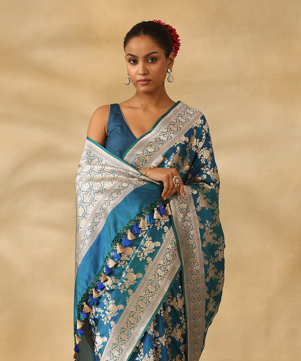Peacock_Blue_Handloom_Pure_Katan_Silk_Banarasi_Saree_With_Champagne_Gold_Zari_Cutwork_Floral_Jaal_WeaverStory_02