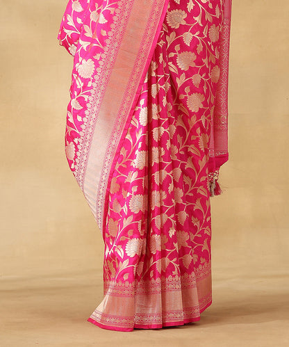 Handloom_Indian_Pink_Pure_Katan_Silk_Banarasi_Saree_With_Champagne_Gold_Zari_Cutwork_Floral_Jaal_WeaverStory_04