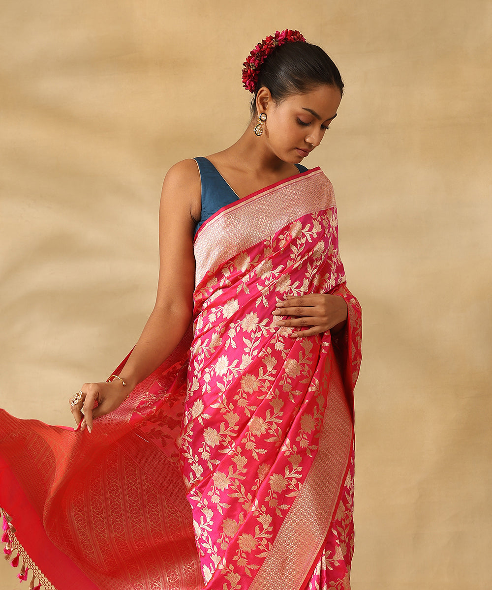 Hot_Pink_Handloom_Pure_Katan_Silk_Banarasi_Saree_With_Gold_Zari_Cutwork_Jaal_WeaverStory_01