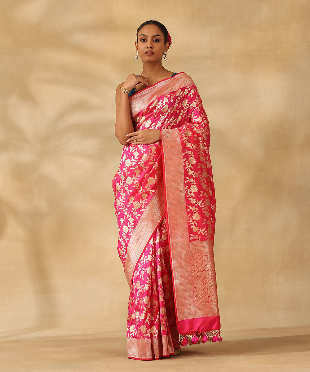 Hot_Pink_Handloom_Pure_Katan_Silk_Banarasi_Saree_With_Gold_Zari_Cutwork_Jaal_WeaverStory_02