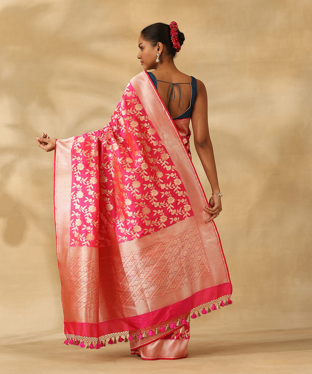 Hot_Pink_Handloom_Pure_Katan_Silk_Banarasi_Saree_With_Gold_Zari_Cutwork_Jaal_WeaverStory_03