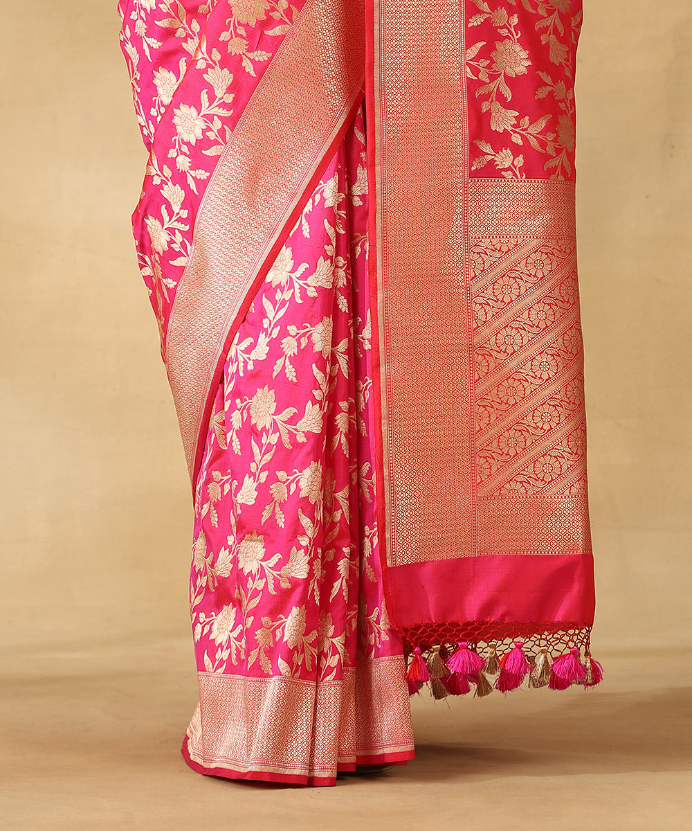 Hot_Pink_Handloom_Pure_Katan_Silk_Banarasi_Saree_With_Gold_Zari_Cutwork_Jaal_WeaverStory_04