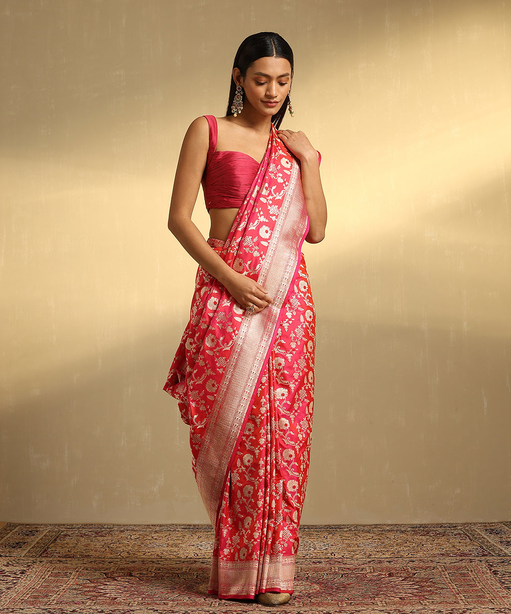 Hot_Pink_Handloom_Pure_Katan_Silk_Jangla_Banarasi_Saree_With_Red_Meenakari_WeaverStory_01