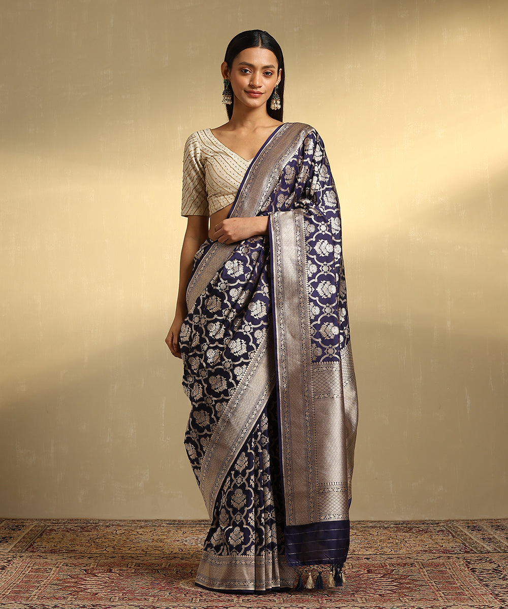 Handloom_Ink_Blue_Pure_Katan_Silk_Jangla_Banarasi_Saree_With_Gold_And_Silver_Zari_Meenakari_WeaverStory_01