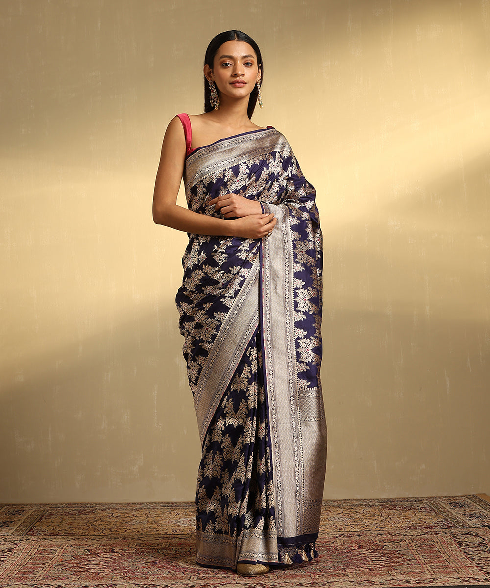Handloom_Ink_Blue_Pure_Katan_Silk_Jangla_Banarasi_Saree_With_Gold_And_Silver_Zari_And_Red_Meenakari_WeaverStory_01