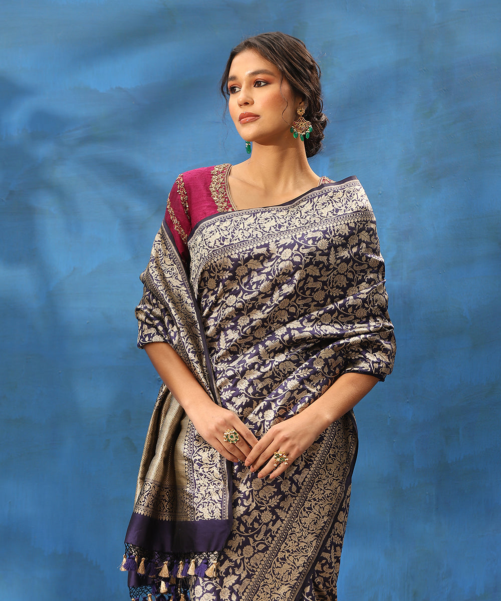 Handloom_Ink_Blue_Pure_Katan_Silk_Shikargah_Banarasi_Saree_With_Elephants_And_Peacocks_On_Border_WeaverStory_02