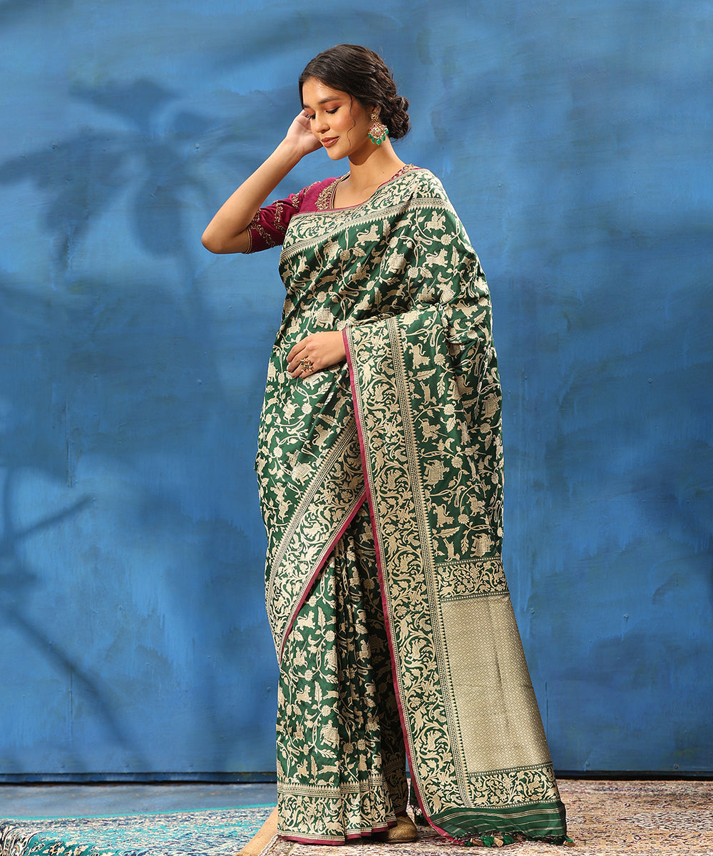 Bottle_Green_Handloom_Pure_Katan_Silk_Shikargah_Banarasi_Saree_With_Kadhwa_Jaal_WeaverStory_01