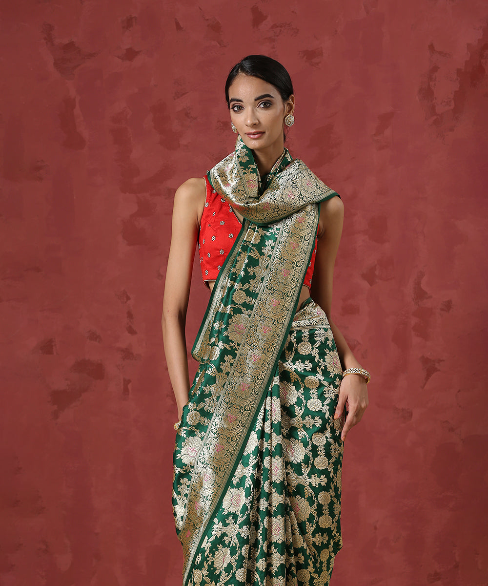 Green_Handloom_Pure_Katan_Silk_Banarasi_Saree_with_Odhna_Jangla_WeaverStory_01