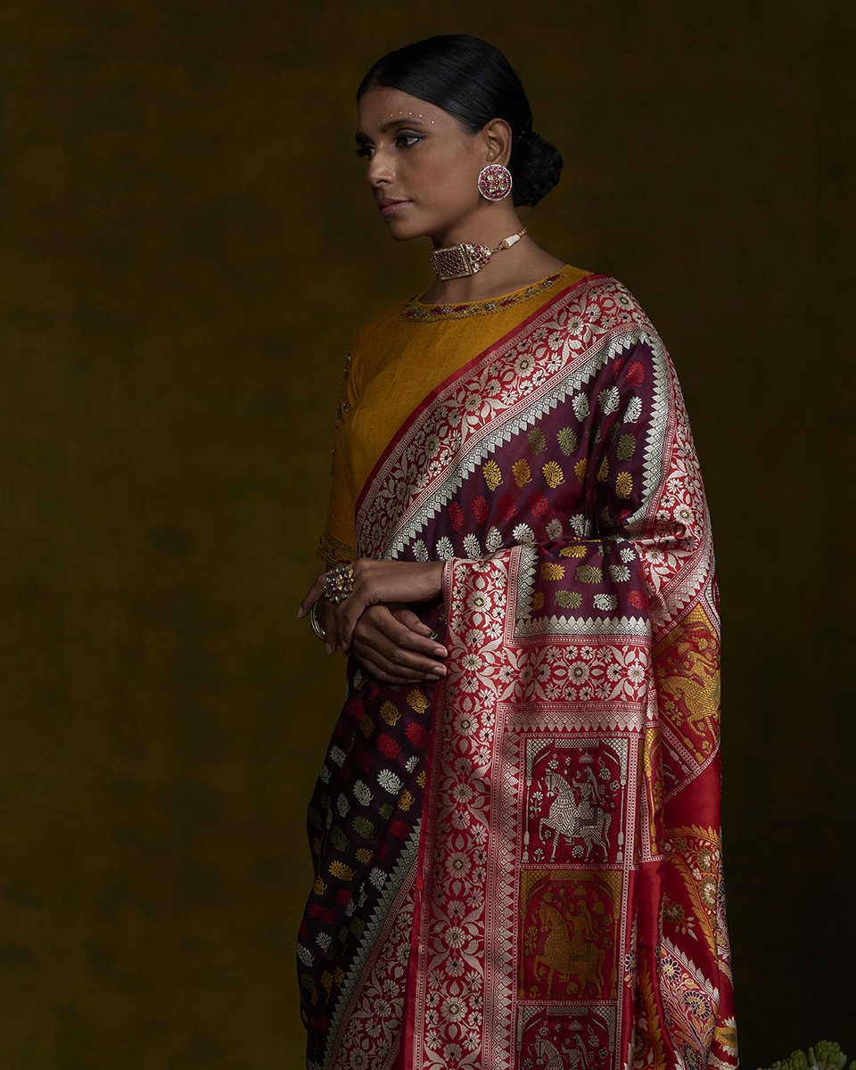 Handloom Coke Brown Baluchari Saree with Red Pallu and Border – WeaverStory