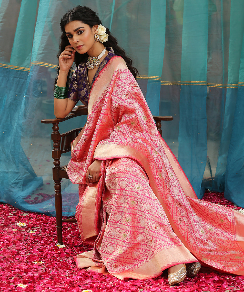 Handloom_Pink_and_Orange_Pure_Katan_Silk_Kimkhab_Banarasi_Saree_with_Aada_Jaal_WeaverStory_01