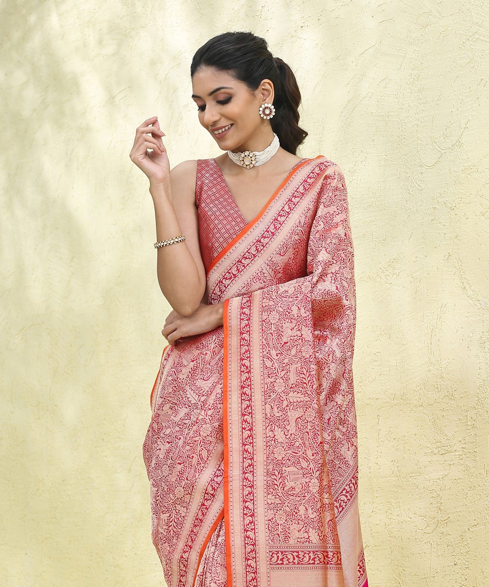 Handloom_Pink_and_Red_Dual_Tone_Pure_Katan_Silk_Brocade_Shikargah_Banarasi_Saree_WeaverStory_01