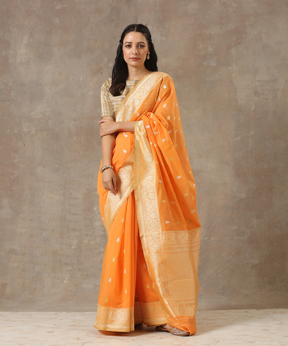 Handloom_Orange_Pure_Cotton_Banarasi_Saree_with_Sona_Rupa_Booti_WeaverStory_02