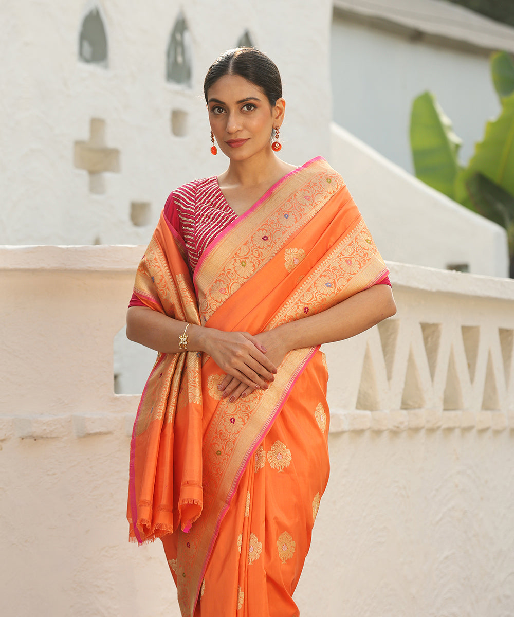 Handloom_Orange_Pure_Katan_Silk_Banarasi_Saree_With_Kadhwa_Booti_WeaverStory_01