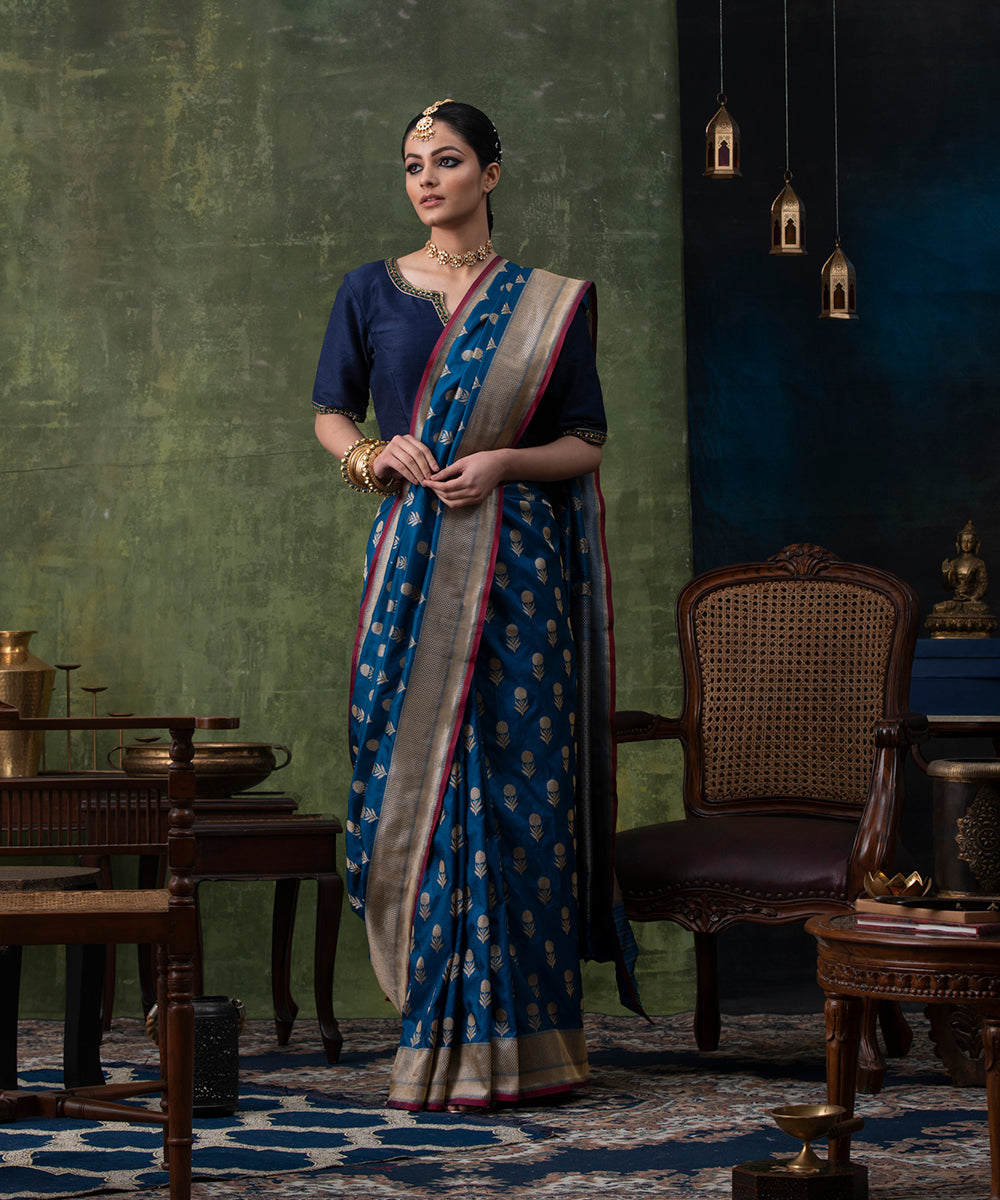 Handloom_Royal_Blue_Pure_Katan_Silk_Banarasi_Saree_with_Cutwork_Booti_WeaverStory_02