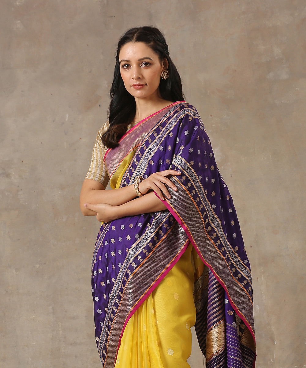 Yellow_Handloom_Kora_Silk_Banarasi_Saree_With_Blue_Border_WeaverStory_01