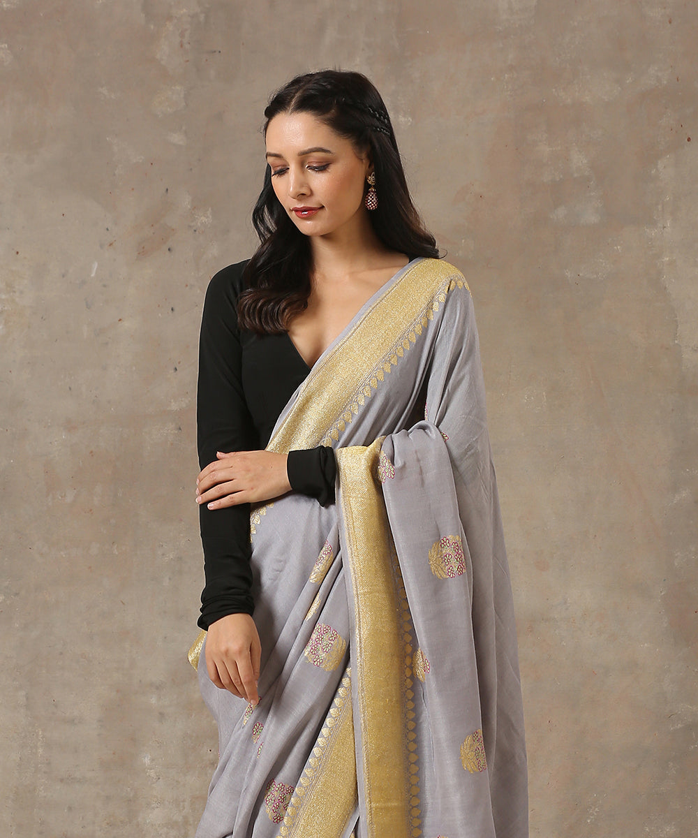 Handloom_Grey_Moonga_Silk_Banarasi_Saree_With_Meenakari_Booti_WeaverStory_01