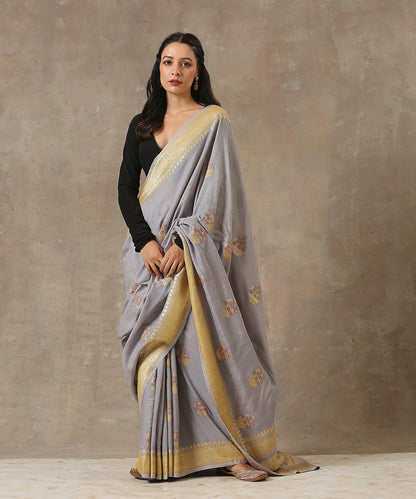 Handloom_Grey_Moonga_Silk_Banarasi_Saree_With_Meenakari_Booti_WeaverStory_02