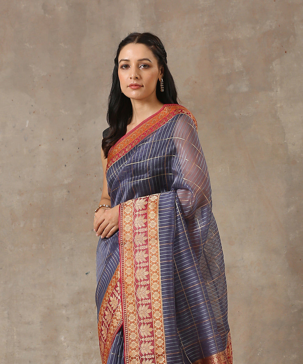 Blue_Handloom_Kora_Silk_Banarasi_Saree_With_Stripes_And_Rust_Border_WeaverStory_01