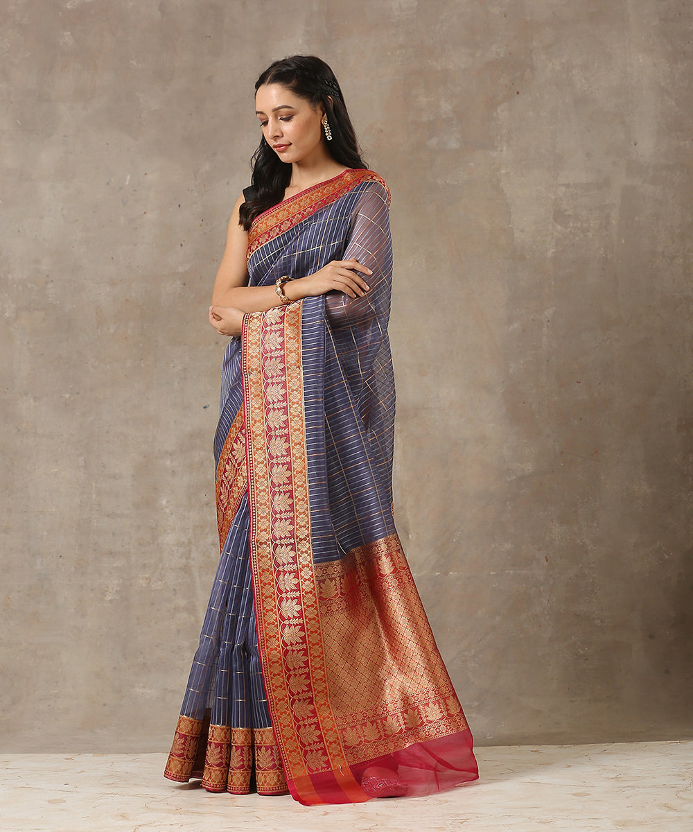 Blue_Handloom_Kora_Silk_Banarasi_Saree_With_Stripes_And_Rust_Border_WeaverStory_02