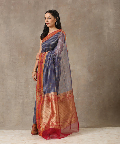 Blue_Handloom_Kora_Silk_Banarasi_Saree_With_Stripes_And_Rust_Border_WeaverStory_03