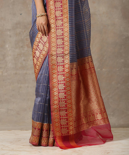 Blue_Handloom_Kora_Silk_Banarasi_Saree_With_Stripes_And_Rust_Border_WeaverStory_04