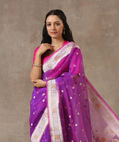 Purple_Handloom_Organza_Banarasi_Saree_With_Meenakari_Border_And_Small_Booti_WeaverStory_01