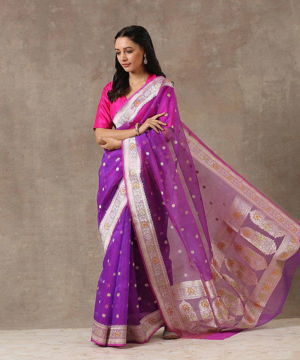 Purple_Handloom_Organza_Banarasi_Saree_With_Meenakari_Border_And_Small_Booti_WeaverStory_02