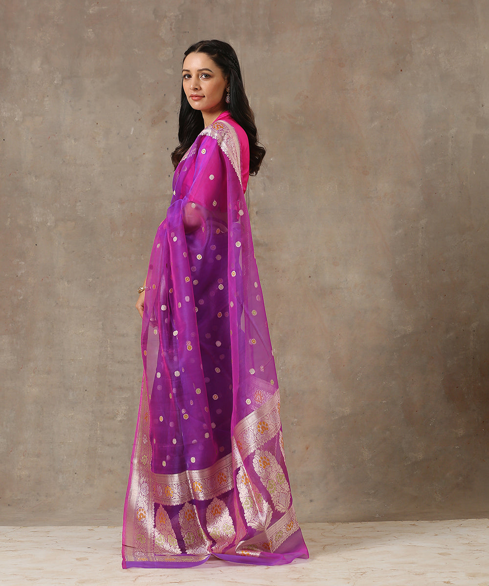 Purple_Handloom_Organza_Banarasi_Saree_With_Meenakari_Border_And_Small_Booti_WeaverStory_03