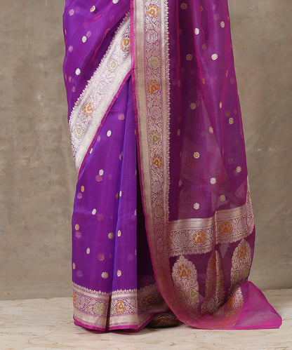 Purple_Handloom_Organza_Banarasi_Saree_With_Meenakari_Border_And_Small_Booti_WeaverStory_04