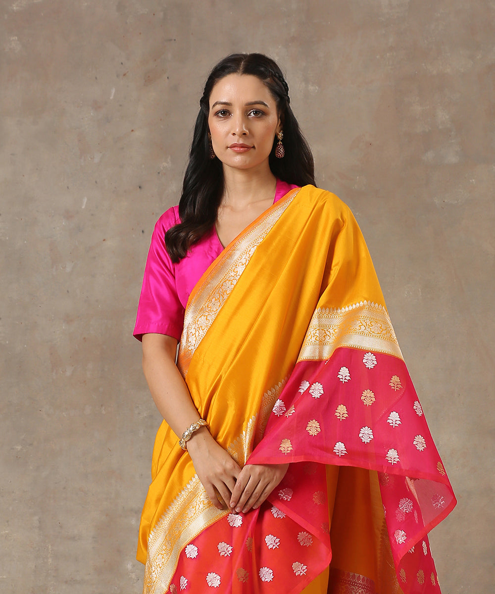 Handloom_Yellow_Spun_Silk_Banarasi_Saree_With_Kadhwa_Booti_Border_In_Pink_WeaverStory_01